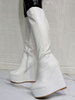 Femmes Genou Bottes En Cuir PU Blanc Bout Rond Talon Compensé Sexy Bottes À Talons Hauts