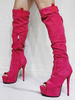 Femmes Genou Bottes Toile Rose Bout Rond Talon Aiguille Sexy Bottes Hautes