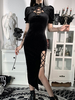 Femmes Gothique Cheongsam Noir Plissé À Manches Courtes Split Avant Gothique Coréen Velours Maxi Robe Moulante