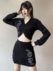 Femmes gothique ensemble deux pièces jupe en polyester noir à manches longues et col en V