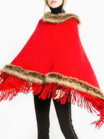 Femmes Hiver Rouge Tricotée Fausse Fourrure Cape Châle