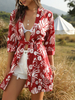 Femmes Kimono Top Imprimé Floral Rouge En Mousseline de Soie Académique Lacets Manches 3/4 Longueur Tops