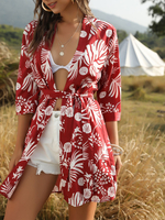 Femmes Kimono Top Imprimé Floral Rouge En Mousseline de Soie Académique Lacets Manches 3/4 Longueur Tops