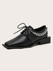 Femmes élégantes Oxfords Chic à bout carré en cuir PU Chaussures en cuir noir