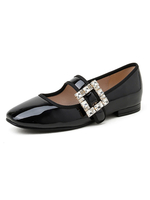 Femmes Mary Jane talons strass bout carré en cuir verni ballerines