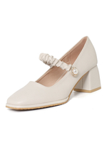 Femmes Mary Jane Talons Talons Mi-Bas Bout Carré Talon Chunky Perles Jolies Escarpins Abricot