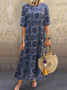 Femmes Maxi Robes Demi Manches Robe Longueueueueueue En Polyester Imprimé Jewel Neck Shift Bleu Marine Foncé