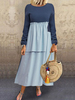 Femmes Maxi Robes Manches Longues Bleu Marine Foncé Bloc De Couleur Jewel Neck Shift Couches Coton Longueur De Plancher Robe