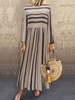 Femmes Maxi Robes Manches Longues Rayures Kaki Jewel Neck Shift Coton Longueur De Plancher Robe