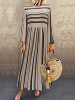 Femmes Maxi Robes Manches Longues Rayures Kaki Jewel Neck Shift Coton Longueur De Plancher Robe