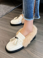 Femmes mocassins blanc bout rond chaussures décontractées artificielles courtes glands en peluche chaussures pour femmes