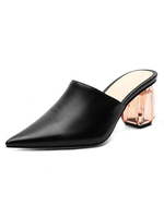 Femmes Mules En Cuir Synthétique Noir Bout Pointu Slip-On Talon Chunky Chaussures Décontractées