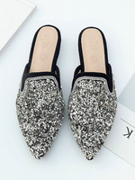 Femmes Mules plates à paillettes argentées à bout pointu Slip On Slide Chaussures