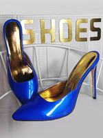 Femmes Mules Sabots Patent Synthétique Upper Blue Pointed Toe Slip-On Chaussures