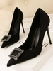 Femmes Noir Chaussures De Soirée À Talons Hauts En Daim Cuir Bout Pointu Talon Aiguille Strass Chaussures De Soirée