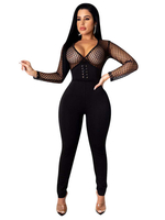Femmes Noir col V à manches longues découpes Polyester été Salopette
