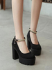 Femmes Noir Plateforme Pompes Bout Rond Strass Talon Chunky Micro Suede Sexy Chaussures