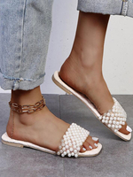 Femmes Perles En Cuir PU À Bout Ouvert Slip-On Slide Sandales Pantoufles Plates