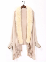Femmes Poncho Col V Ecru Blanc Poncho Hiver Frange Cape