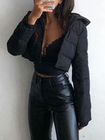 Femmes Puffer Manteaux Noir Coupe-Vent À Capuche Zipper Manches Longues Survêtement Irrégulier