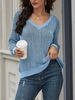 Femmes Pull bleu col V à manches longues en coton Pulls