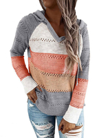 Femmes Pull gris Cut Out Stripes capuche manches longues Pulls cordonnet courtes