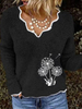 Femmes Pull Pull Noir Col V Manches Longues Pissenlit Brodé Polyester Pulls