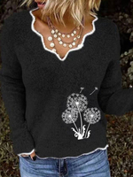 Femmes Pull Pull Noir Col V Manches Longues Pissenlit Brodé Polyester Pulls
