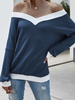 Femmes Pullover Pull Bleu Bicolore Col V Manches Longues Pulls