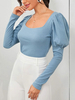 Femmes Pullover Pull Bleu U Neck Puff Pulls à manches longues