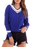Femmes Pulls Bleu Col En V Manches Longues Patch Color Block Pulls En Acrylique