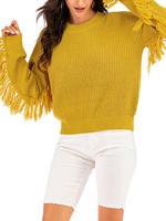 Femmes Pulls Jaune Jewel Neck Manches Longues Frange Casual Pulls Acryliques