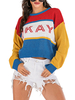 Femmes Pulls Lettres jaunes Imprimer Jewel Neck Manches longues Color Block Pulls en acrylique