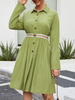 Femmes Robe chemise verte verte habillée à manches longues Pleatded été