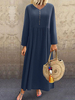 Femmes Robes Maxi Manches Longues Bleu Marine Foncé Boutons Col En V Robe Longueueueueueue De Coton En Couches