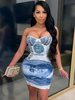 Femmes robes moulantes blanc bleu sans bretelles épaule ouverte sans manches robe crayon décontractée
