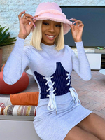 Femmes robes moulantes blanc deux tons manches longues à lacets col bijou noué Slim Fit robe décontractée robe midi