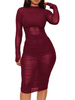 Femmes robes moulantes bordeaux col haut sexy manches longues robe crayon transparente