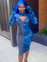Femmes robes moulantes deux tons bleu col haut à lacets robe crayon à manches longues en couches