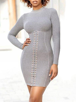 Femmes Robes Moulantes Gris Manches Longues Robe Courte En Tricot À Lacets