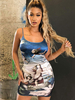 Femmes robes moulantes imprimées bretelles bleu royal cou passepoil dos nu sexy robe crayon sans manches