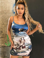Femmes robes moulantes imprimées bretelles bleu royal cou passepoil dos nu sexy robe crayon sans manches