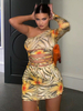 Femmes robes moulantes jaune une épaule à lacets convertible manches longues robe crayon sexy