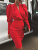 Femmes robes moulantes rouge col en V couches robe crayon sexy à manches longues