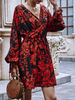 Femmes Robes Patineuses Imprimées En Mousseline De Soie Col En V Rouge Casual Manches Longues Manches Bouffantes Robe Évasée