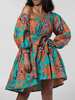 Femmes robes patineuses une épaule manches longues à lacets robe Dashiki imprimée