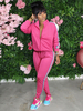 Femmes Rose Rouge Deux Pièces Ensembles Coton Mélange Col Rabattu Manches Longues Zipper Tenue Décontractée