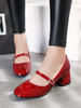Femmes rouge talons mi-bas bout rond en cuir Synthétique jolies pompes talons chaussures