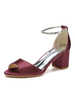 Femmes Sandales À Talons Chiot Talon Bout Ouvert Satin PU Cuir Bordeaux Bride Cheville Talons