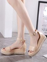 Femmes Sandales Compensées Plateforme Abricot Bout Ouvert Synthétique Cuir Cheville Sangle Espadrilles Sandales